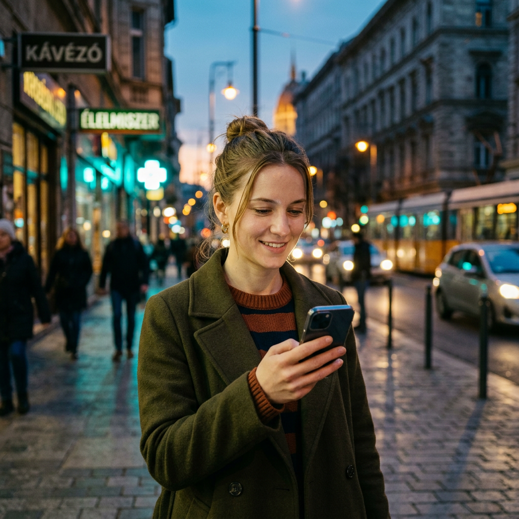 Nóra portréja, aki Zamitar kijelzőfóliát használ a mobil készülékén